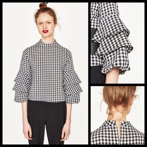 Zara Gingham Checkered Ruffle Bell Sleeve Crop Top